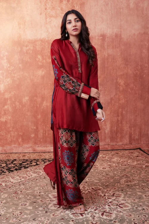 Red MultiColor Printed Silk Co-Ord Set