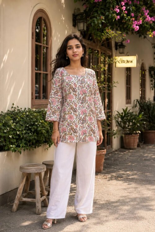 White Floral Jaal Printed Cotton Short Kurti