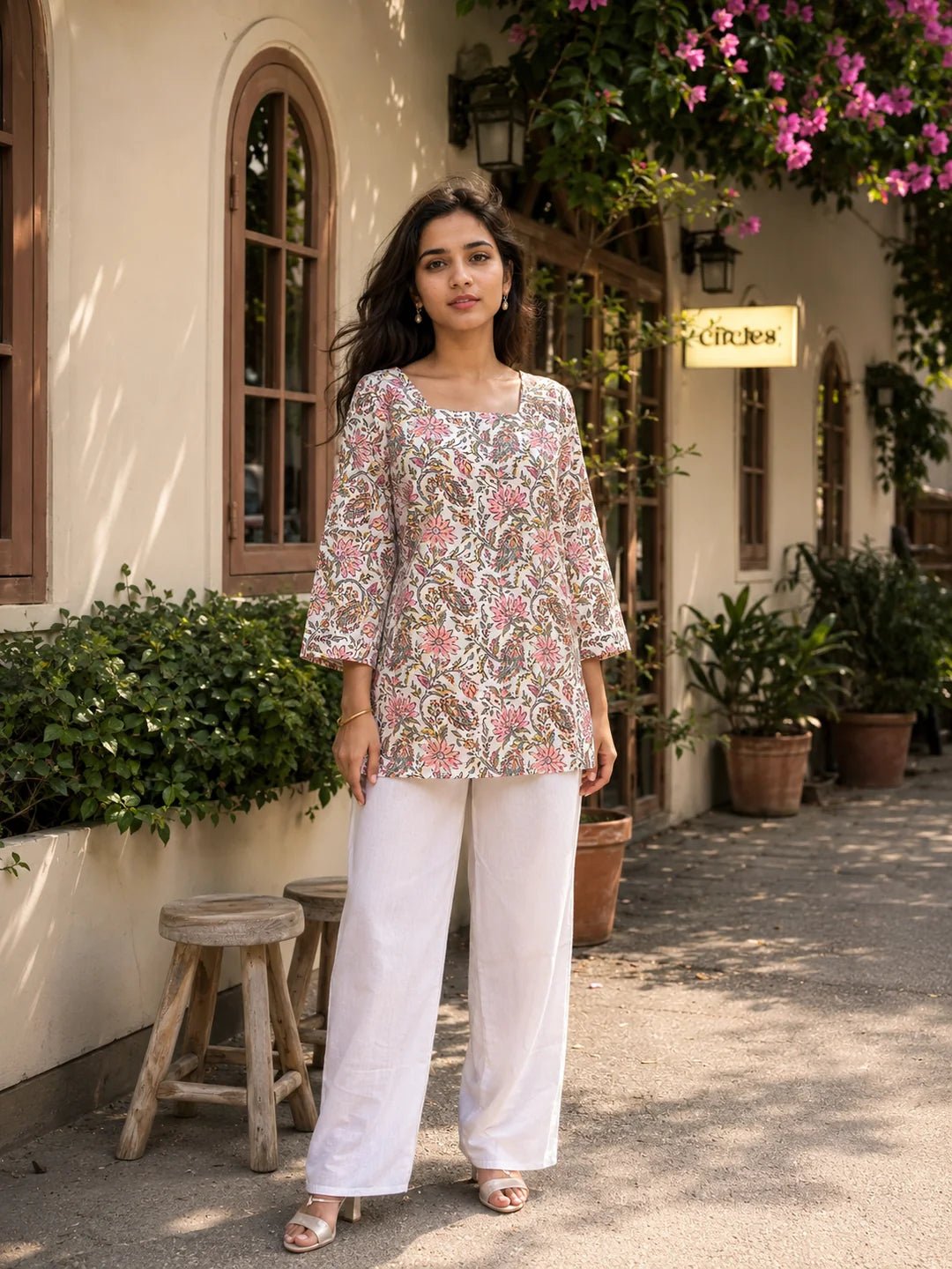 White Floral Jaal Printed Cotton Short Kurti
