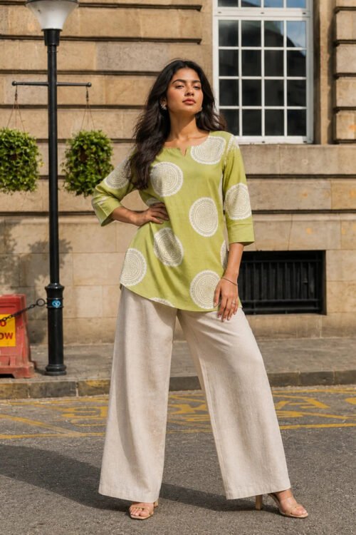 Sage Green Circular Bandhani Printed Short Kurti in Cotton