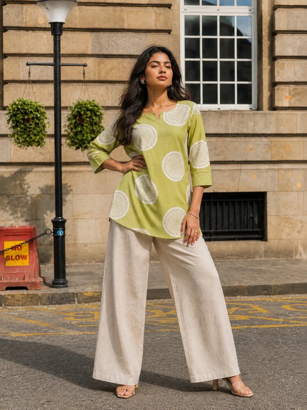 Sage Green Circular Bandhani Printed Short Kurti in Cotton