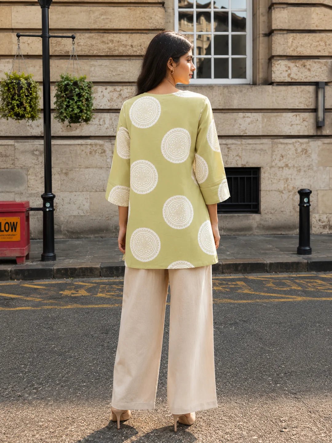 Sage Green Circular Bandhani Printed Short Kurti in Cotton - Image 2