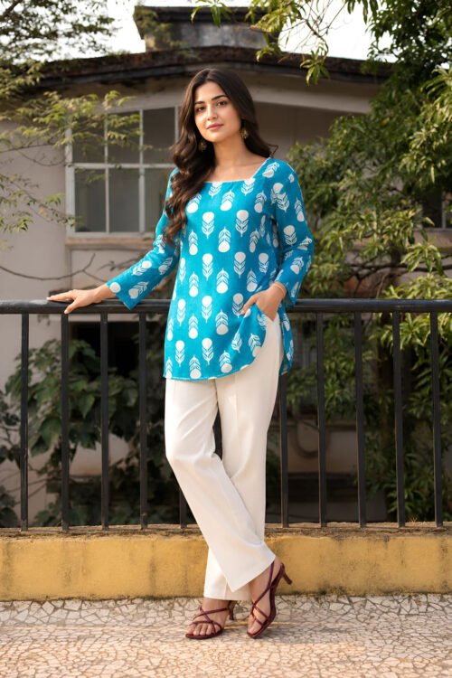 Turquoise Floral Block Print Short Kurti in Cotton