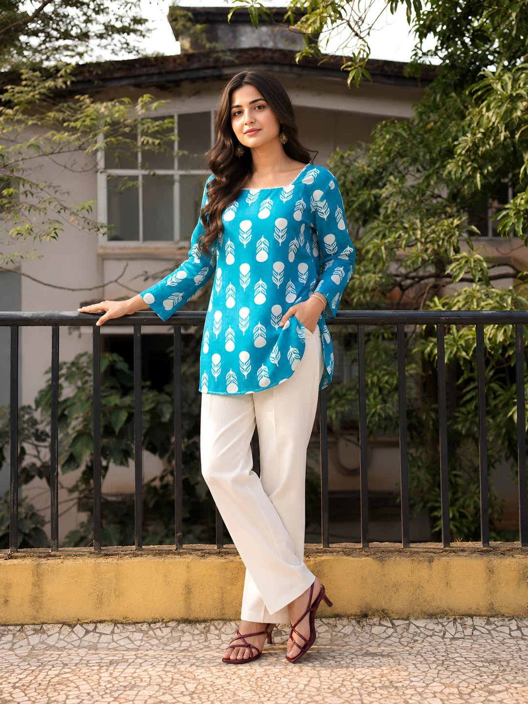 Turquoise Floral Block Print Short Kurti in Cotton