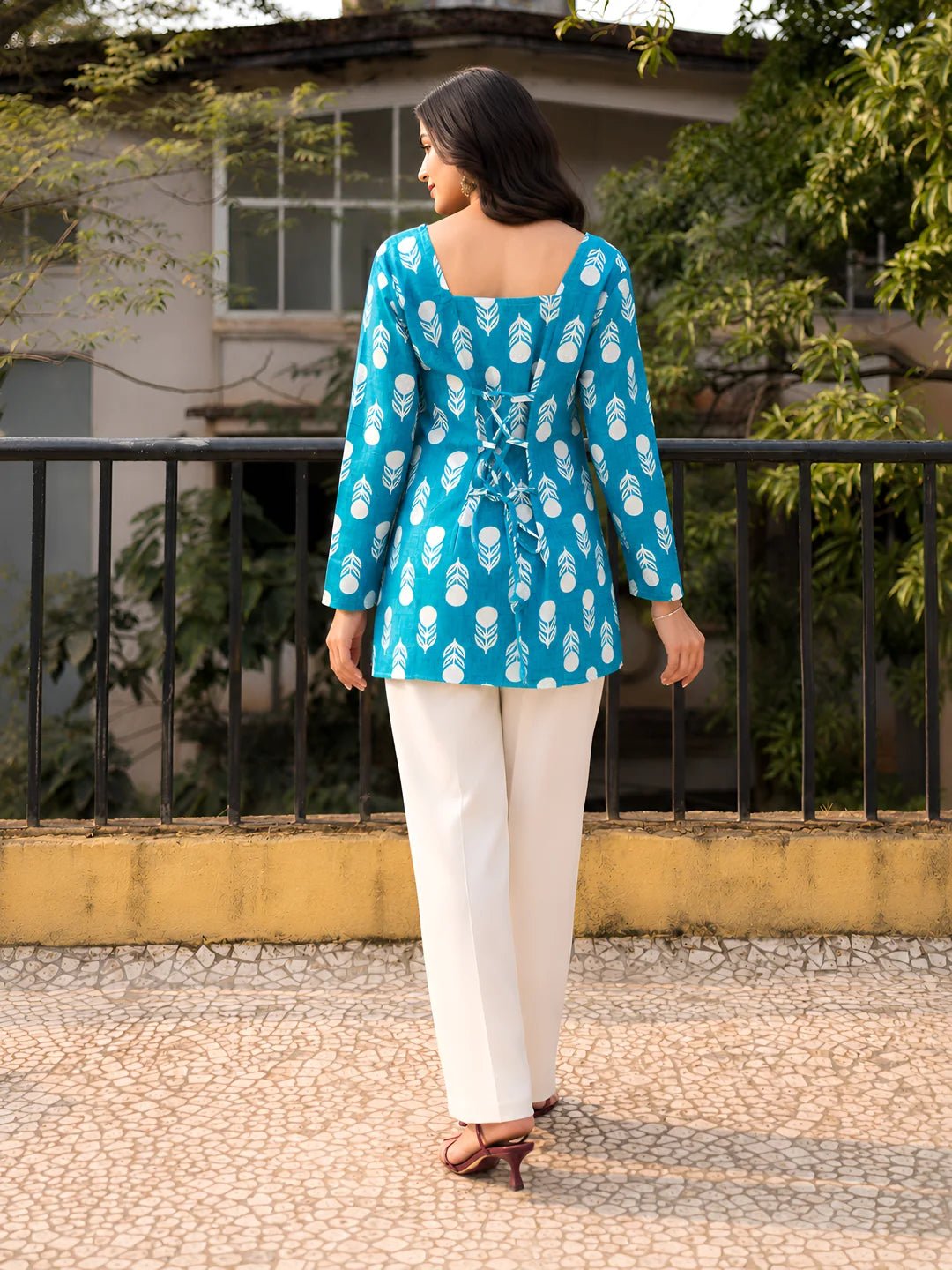 Turquoise Floral Block Print Short Kurti in Cotton - Image 2