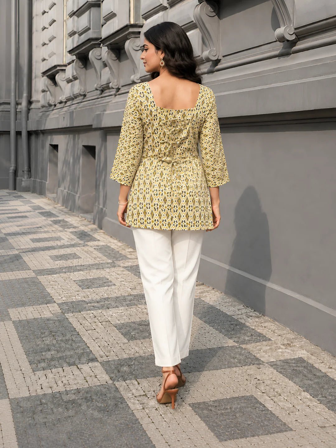 White & Olive Ikat Print Short Kurti in Cotton - Image 2