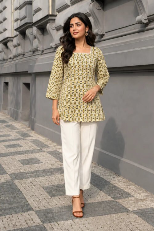 White & Olive Ikat Print Short Kurti in Cotton