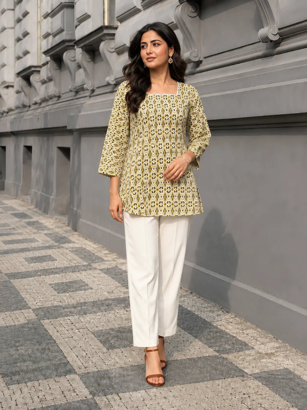 White & Olive Ikat Print Short Kurti in Cotton