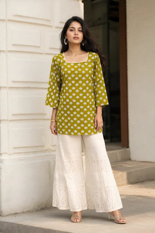 Golden Olive Floral Buta Short Kurti in Cotton