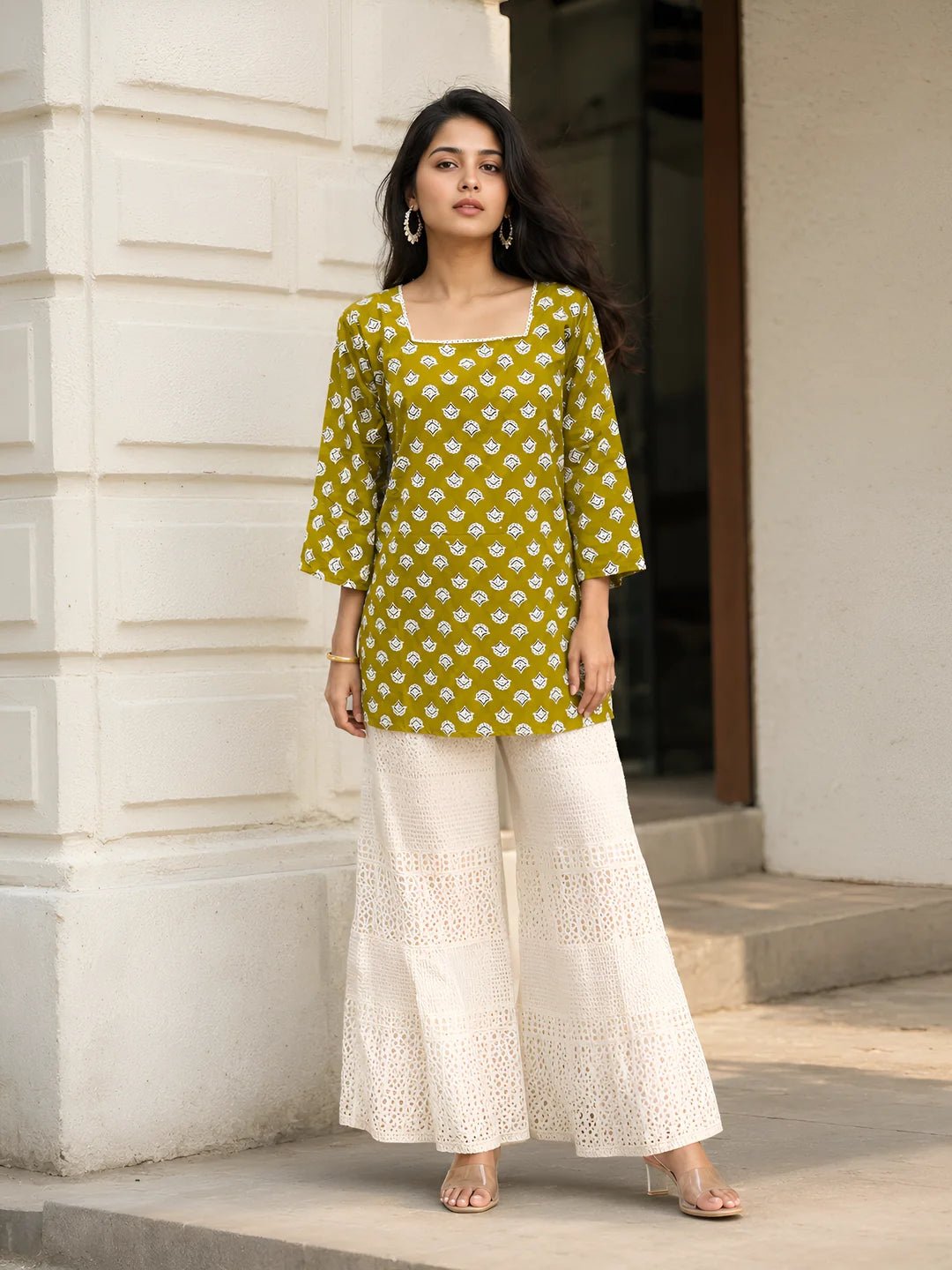 Golden Olive Floral Buta Short Kurti in Cotton