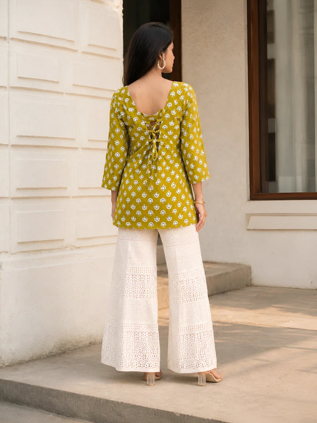 Golden Olive Floral Buta Short Kurti in Cotton - Image 2