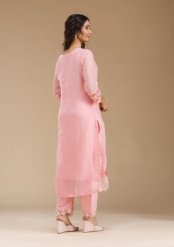 Baby Pink Organza Threadwork Straight Kurta With Regular Pant And Dupatta - Image 2