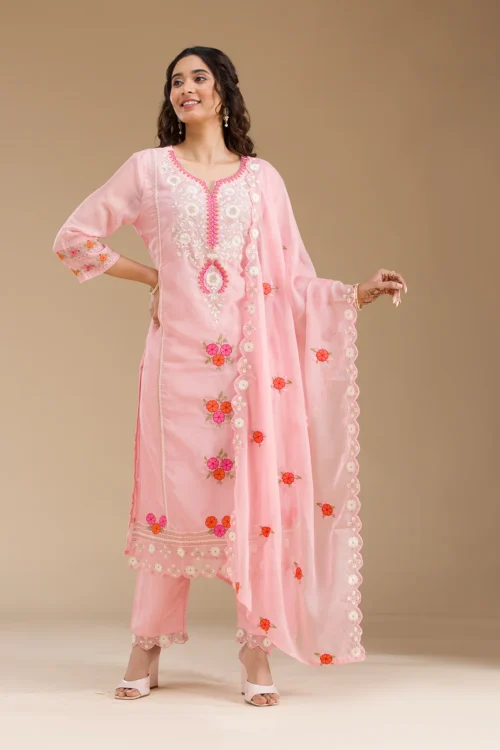 Baby Pink Organza Threadwork Straight Kurta With Regular Pant And Dupatta