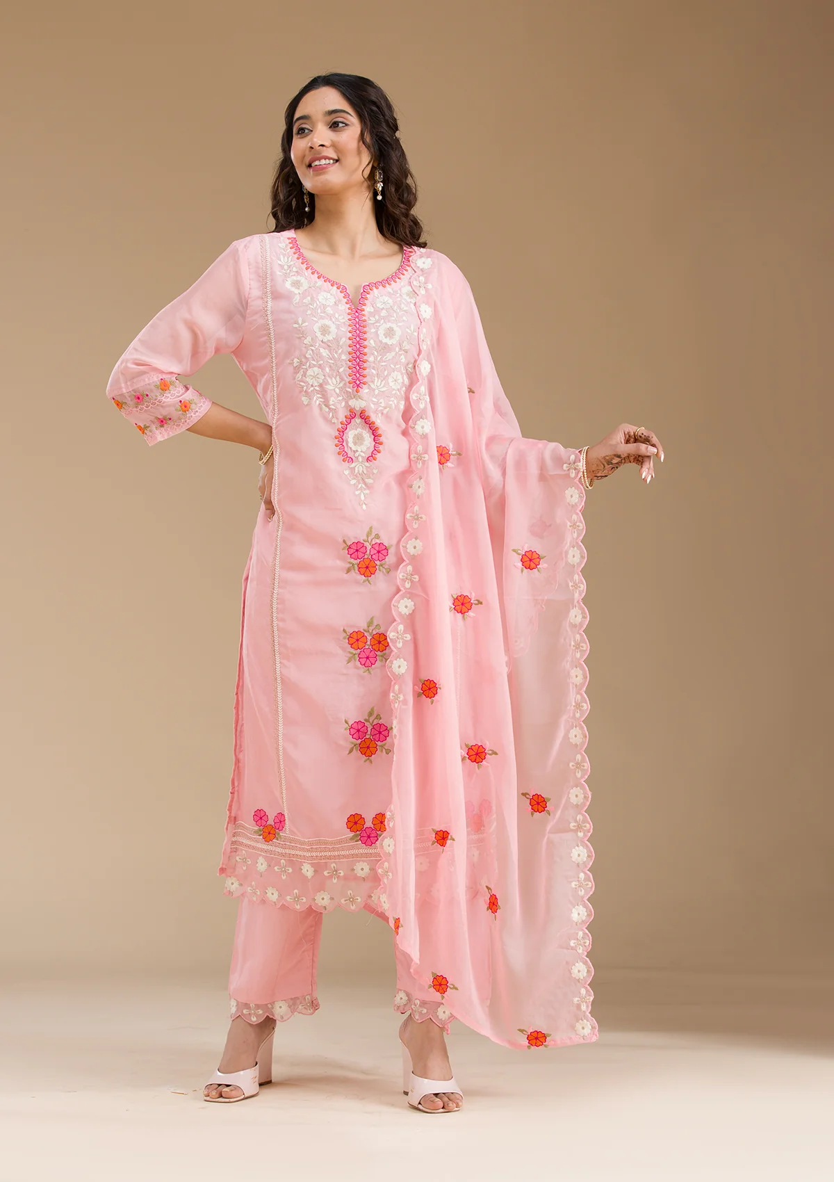 Baby Pink Organza Threadwork Straight Kurta With Regular Pant And Dupatta