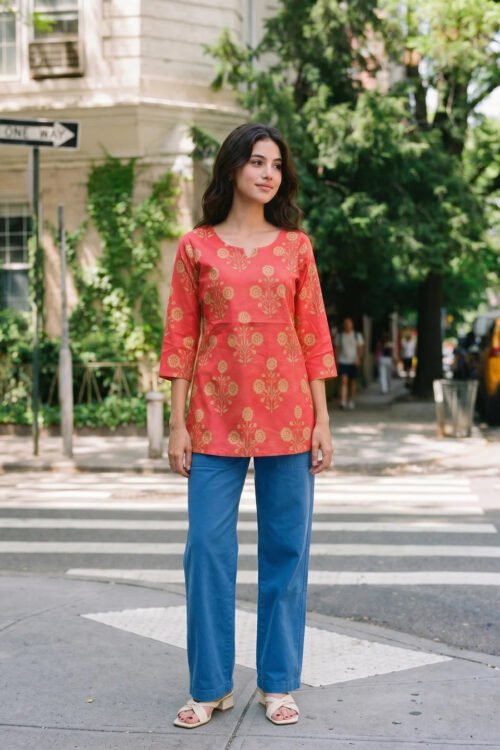Red Floral Buta Cotton Short Kurti