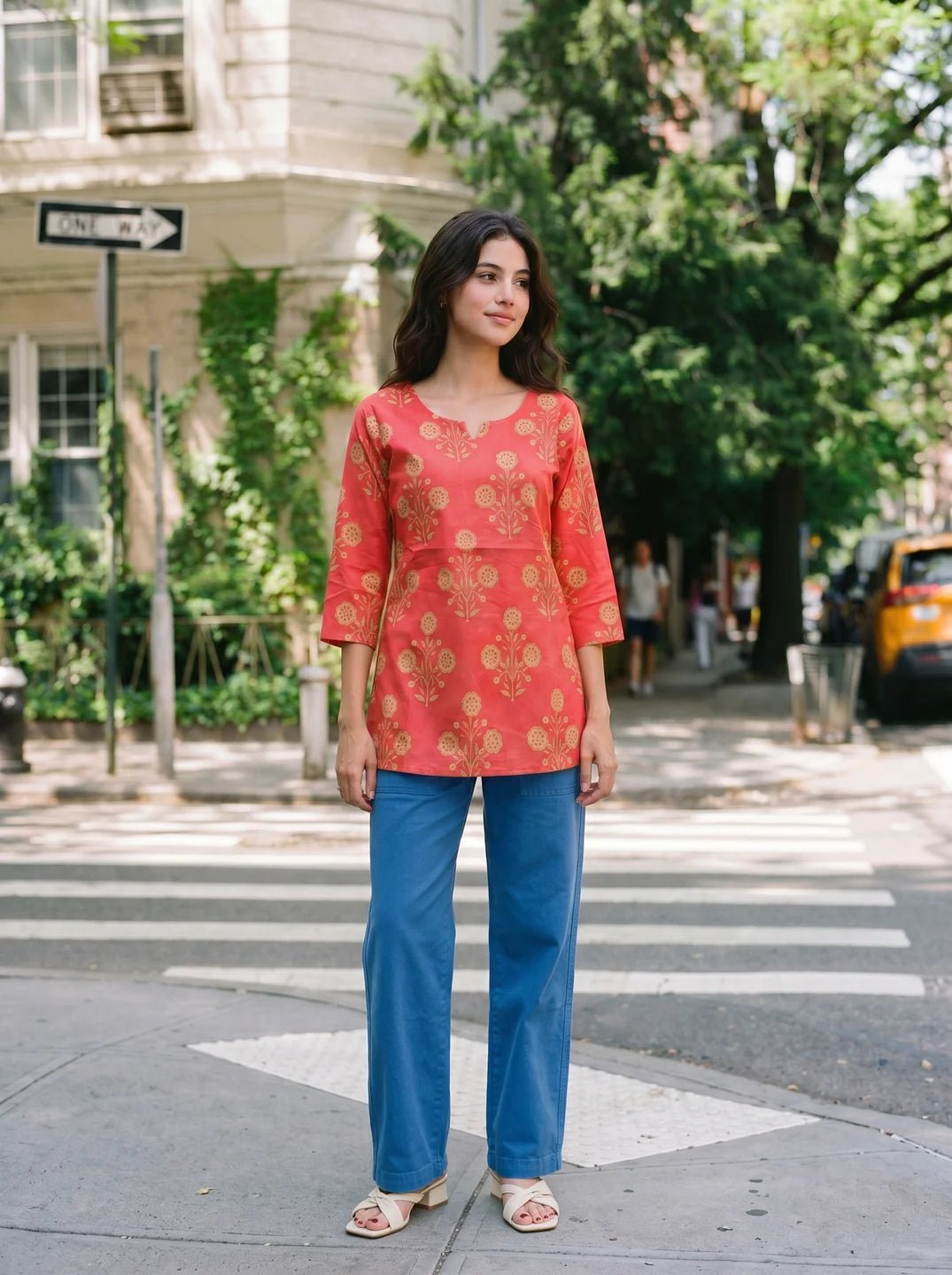 Red Floral Buta Cotton Short Kurti