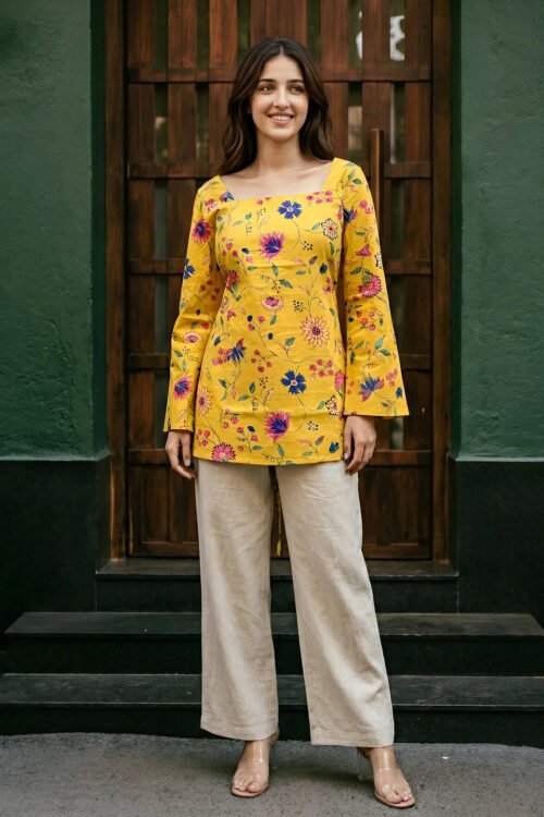 Sunflower Yellow Floral Print Short Kurti in Cotton